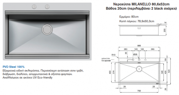 <label itemprop='name'>Νεροχύτης MILANELLO 80,6x52cm Βάθος 20cm (περιλαμβάνει 2 black σχάρες)</label>